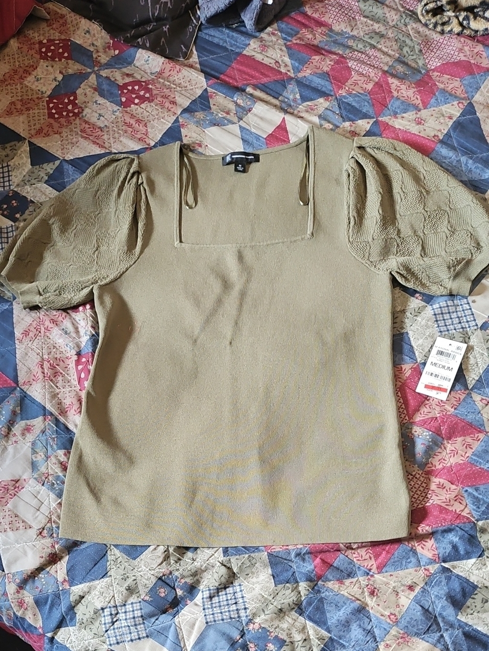 INC International Concepts Olive Green Square Neck Puff Sleeve Top